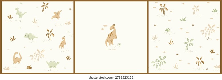 Cute tiny dinosaur seamless pattern and print. Dinosaur in jurassic jungle hand drawn illustration. Set of summer cartoon posters. Kids decor design. Happy Parasaurolophus children character 
