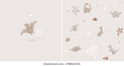 Cute tiny dinosaur seamless pattern and print. Dinosaur in jurassic jungle hand drawn illustration. Summer beach color posters set. Kids decor design and posters. Happy Pterodactyl children character