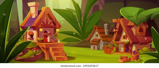 Cute tiny elf or animal village with houses in forest under huge trees and bushes. Cartoon fairy landscape with little gnome homes with wooden roof and porch, axe on wood stump, flowers in pot.