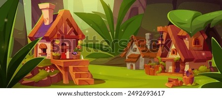 Cute tiny elf or animal village with houses in forest under huge trees and bushes. Cartoon fairy landscape with little gnome homes with wooden roof and porch, axe on wood stump, flowers in pot.