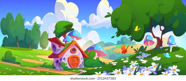 Cute tiny elf house with mushrooms in forest on meadow with green grass, daisy flowers, trees and butterflies on summer day. Gnome or animal village home. Cartoon vector dwarf cottage in woodland.