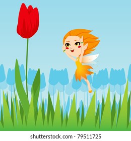 Cute tiny fairy jumping and flying to catch a beautiful red tulip flower