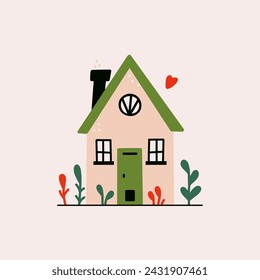 Cute tiny flat house. Cartoon one story cottage with chimney, forest cabin home with garden and lawn. Vector isolated rural building illustration.