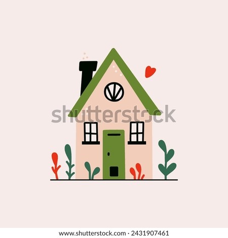 Cute tiny flat house. Cartoon one story cottage with chimney, forest cabin home with garden and lawn. Vector isolated rural building illustration.