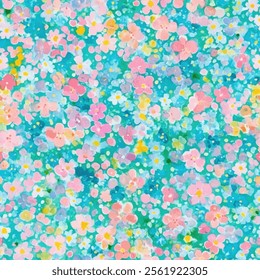 Cute tiny floral watercolor seamless pattern with blue watercolor background. Flower vector illustration. Watercolor print in rustic vintage style, textile or wallpapers.