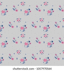 Cute tiny flowers background. Vector illustration of flowers and leaves in marine, gray, pink. Cute pattern for backgrounds, textile design, fabric, invitations, cards.