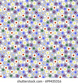 Cute tiny flowers and decorative elements on light grey background, seamless pattern, millefiori, summer ethnic theme. Kids, girly feminine.