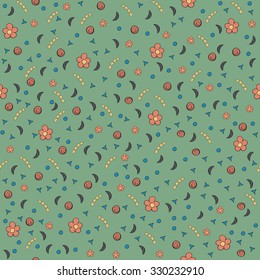Cute tiny flowers and elements. Seamless pattern. Vintage green background. Floral texture. Summer backdrop. Vector illustration.