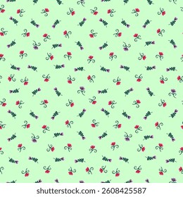 Cute tiny flowers in folk style on light green background. Seamless floral pattern for fabric in vector.