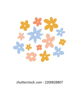 Cute tiny flowers isolated on white background. Vector illustration in hand-drawn flat style. Perfect for cards, logo, decorations, spring and summer designs. Botanical clipart.