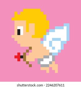 süße winzige fliegende Cupid-Ikone mit Flügeln, Bogen und Pfeil auf rosafarbenem Hintergrund Pixel Art 8 Bits Stift, ideal für Valentinstag-Werbung, Liebesplakate, Social-Media-Dynamik, Valentinfestivitäten