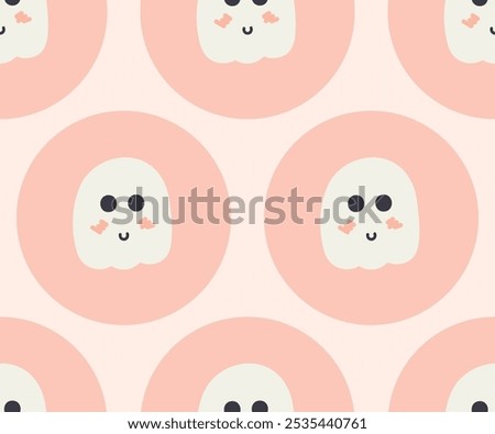 Cute tiny ghosts in a circle geometric style sticker shape forming bubbly pattern in colors of cream, off-white, black on a light pink background. A seamless vector pattern. Great for homedecor,fabric