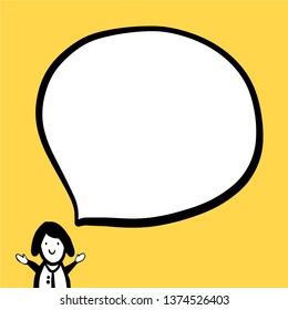 Cute tiny girl and speech bubble hand drawn illustration in cartoon style minimalism for technical support and news project