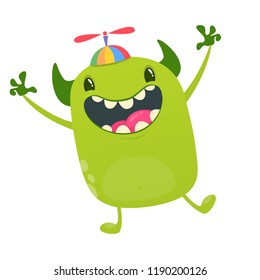 Cute tiny green alien in kid's hat with propeller dancing. Vector illustration of alien character. Design for children book, holiday decoration, stickers or print