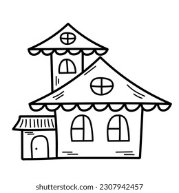 Cute tiny house in doodle style. Sweet home. Vector hand-drawn illustration isolated on white background.
