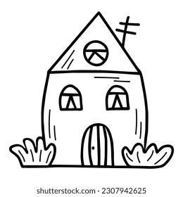 Cute tiny house in doodle style. Sweet home. Vector hand-drawn illustration isolated on white background.