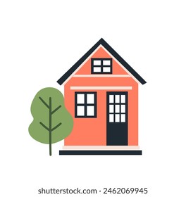 Cute tiny house, small building and tree in Scandinavian style. Trendy urban and village home with windows, door, roof. Simple vector flat illustration, icon isolated on white background.