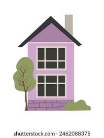 Nettes kleines Haus, kleines Gebäude und Baum im skandinavischen Stil. Trendy Stadt- und Dorfhaus mit Fenstern, Tür, Dach, Kamin. Einfache flache Vektorgrafik-Illustration, Symbol auf weißem Hintergrund.