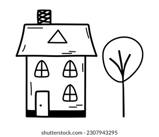 Cute tiny house with tree in doodle style. Sweet home. Vector hand-drawn illustration isolated on white background.