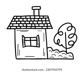 Cute tiny house with tree in doodle style. Sweet home. Vector hand-drawn illustration isolated on white background.