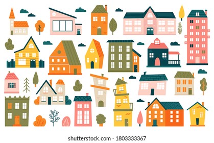 Cute tiny houses. Cartoon small town houses, minimalism city buildings, minimal suburban residential house vector illustration icons set. House small multicolour, structure town residential exterior