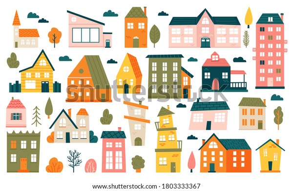 Cute tiny houses. Cartoon small town houses,\
minimalism city buildings, minimal suburban residential house\
vector illustration icons set. House small multicolour, structure\
town residential exterior