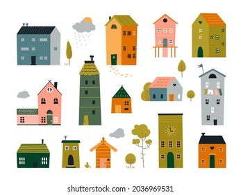 Cute tiny houses. Front brick house, cartoon flat buildings. Doodle small home, trendy scandinavian street landscape classy vector objects set