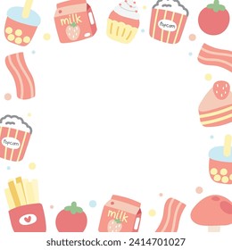 Un pequeño ícono, un marco de comida pastel.Diseño estacional de bricolaje.Papel de recuerdo.Té de leche de burbuja, leche, palomitas, tomate, tocino, tarta de fresa, champiñones, mano fresca frita.Dulce y postre.Kawaii.Vector.Ilustración