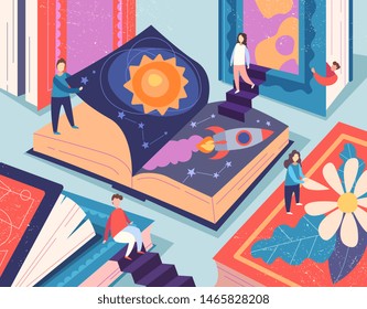 Cute tiny people reading different books, giant textbooks. Concept of book world, readers at library, literature lovers or fans. Colorful vector illustration in flat cartoon style