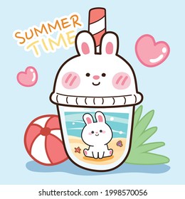 Pequeño conejo lindo sentado en una caricatura de fondo marino en una taza. Tiempo de verano. Diseño de carácter animal.Bebida.Imagen para el logotipo, producto infantil, icono, tarjeta, afiche.Kawaii.Decoración.Vector.Ilustración.