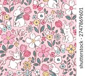 Cute tiny rabbits with spring floral. Seamless vector pattern. Liberty floral design on isolated background. Hand drawn Easter bunny pattern. 