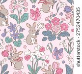 Cute tiny rabbits with spring floral. Seamless vector pattern. Liberty floral design on isolated background. Hand drawn Easter bunny pattern. 