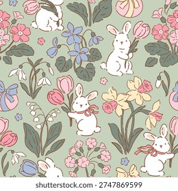 Cute tiny rabbits with spring floral. Seamless vector pattern. Liberty floral design on isolated background. Hand drawn Easter bunny pattern. 