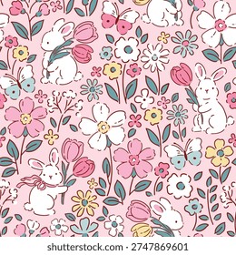 Cute tiny rabbits with spring floral. Seamless vector pattern. Liberty floral design on isolated background. Hand drawn Easter bunny pattern. 