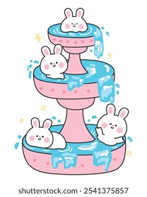 Cute tiny rabbits stay in fountain.Have fun.Swimming pool.Bunny.Easter.Rodent animal character cartoon design.Kawaii.Vector.Illustration.