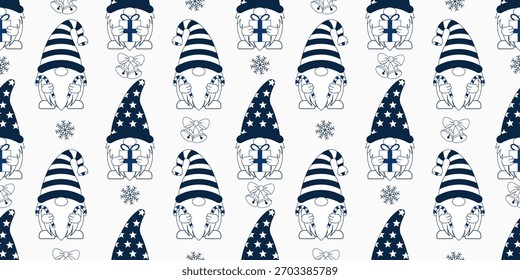 Cute Tiny Santa Claus with Snowflakes and Christmas Bell in a Seamless Pattern Blue Theme. Vector seamless Christmas pattern.