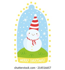Cute tiny snowman. Cute Christmas illustration in cartoon style. Happy smiley snowman in hat. Adorable Merry Christmas card design