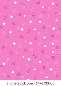 Cute Tiny Stars Vector Pattern. White and Black Stars Isolated on a Pink Background. Simple Starry Abstract Sky. Pastel Color Little Stars Print for Fabric, Wrapping Paper, Party Decoration.