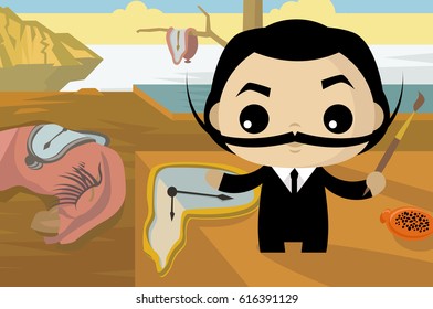 cute tiny surrealist painter on dream landscape
