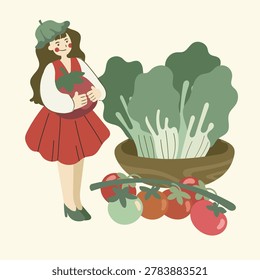 Cute tiny tomato girl holding fresh tomatoes beside a basket of leafy vegetables from a cozy homegrown garden.