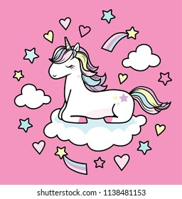Cute tiny unicorn is sleeping on the cloud