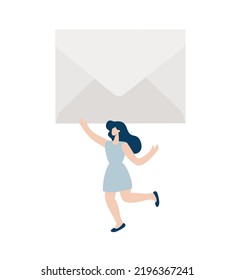 Cute tiny vector woman carrying huge envelope overhead. Female character present white craft mail. Flat cartoon illustration isolated on white background.