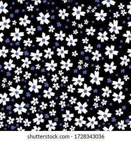 Cute winzige weiße und blaue Blume nahtlos Muster auf schwarzem Hintergrund für Mode-Druck. 