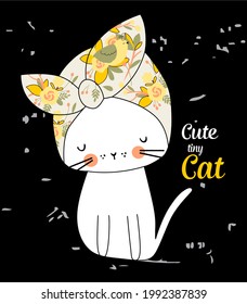 Cute tiny white cat graphic design for kid clothing print