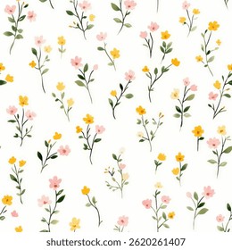 Cute, tiny wildflowers in pastel yellow, pink, and green on a white background, tiny flower seamless pattern vector illustration, doodle summer, kids and baby designs for print fabric.