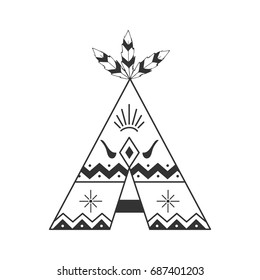 Cute tipi illustration isolated on white with feathers and indian ornaments. Vector wigwam boho style.