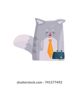 Cute tired businessman cat with briefcase, funny animal character cartoon vector Illustration
