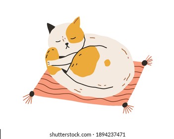 Cute tired cat sleeping on pillow with its tail in paw. Sleepy adorable kitty lying on rug. Peaceful funny animal drawn in doodle style. Colored flat vector illustration isolated on white background
