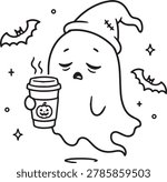 Cute tired ghost holding coffee cup one line art halloween vector illustration