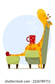 Cute tired giraffe sits on an armchair with a cup
